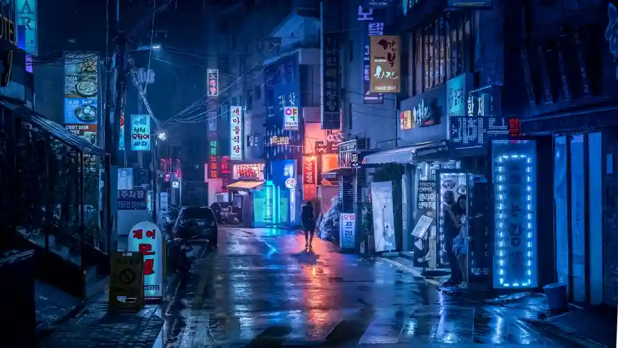 5k小巷街道壁纸-湿润地面和赛博朋克-雨夜街道「哲风壁纸」