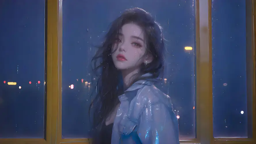 4k夜景壁纸-闪亮外套和灯光-雨夜窗边美女「哲风壁纸」