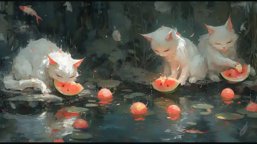 2k倒影壁纸-白色猫咪与猫咪-免费下载「哲风壁纸」