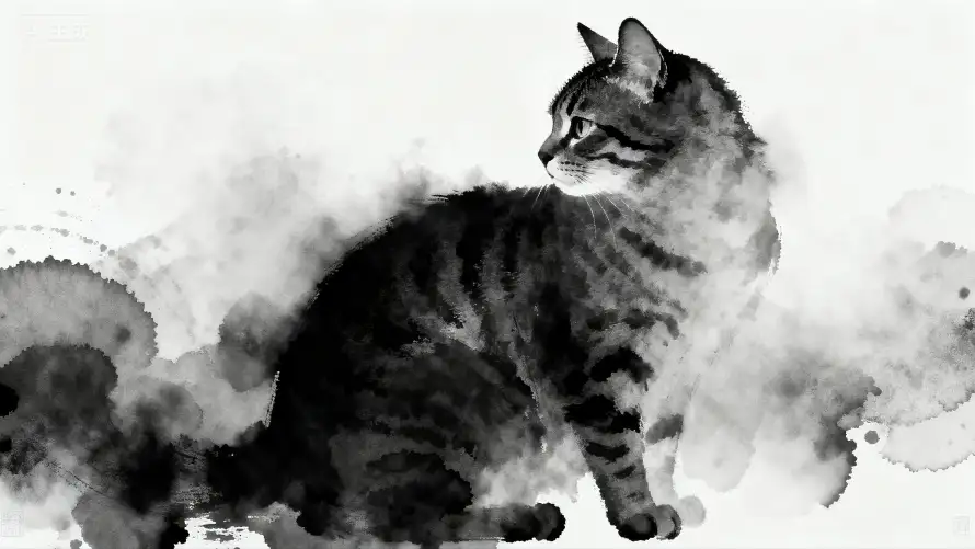 4k宠物壁纸-水墨画与猫咪-可爱猫眯免费下载「哲风壁纸」