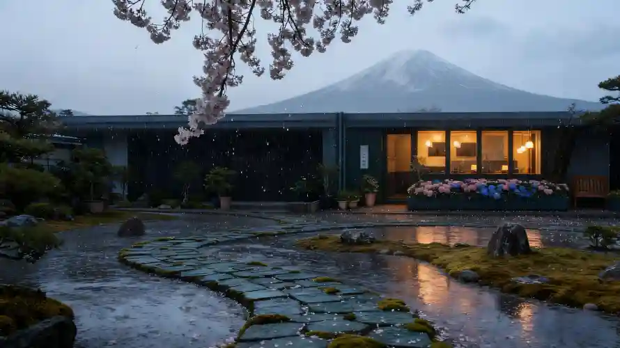 4k庭院壁纸 - 暖灯 - 樱花 - 雨夜「哲风壁纸」