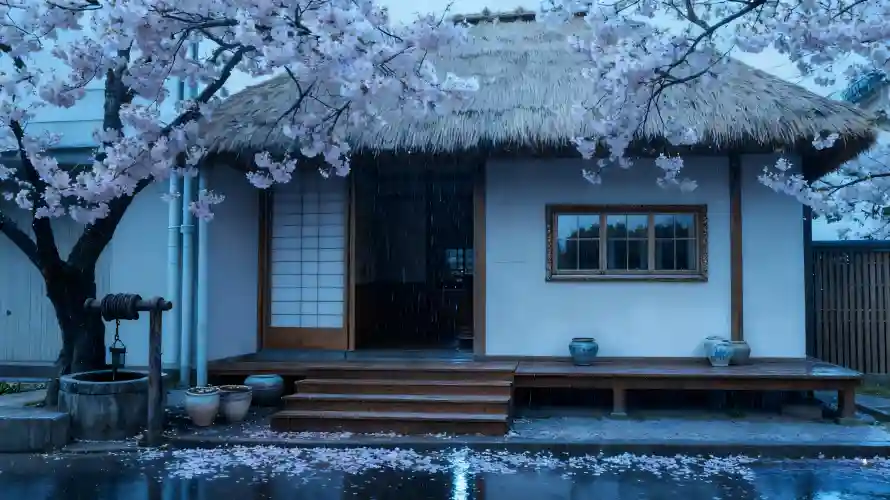 4k樱花壁纸 - 池塘 - 樱花树 - 茅草屋「哲风壁纸」
