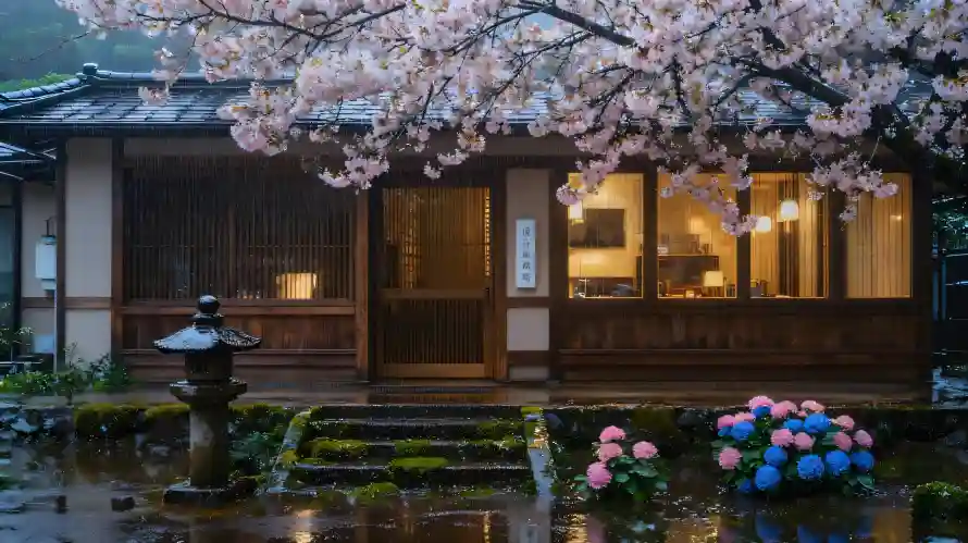 3k庭院壁纸-樱花树壁纸和雨夜-日式小屋壁纸分享「哲风壁纸」