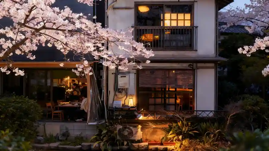 4k夜景壁纸 - 庭院 - 暖光 - 樱花「哲风壁纸」