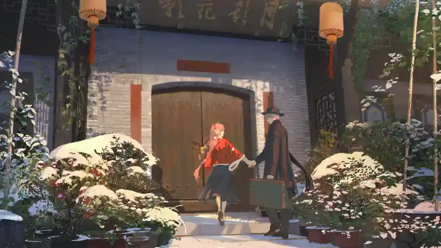 4k动漫壁纸 - 少女 - 雪景 - 中式建筑「哲风壁纸」