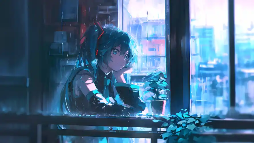 4k盆栽壁纸 - 雨夜 - 黑蓝 - 初音未来「哲风壁纸」