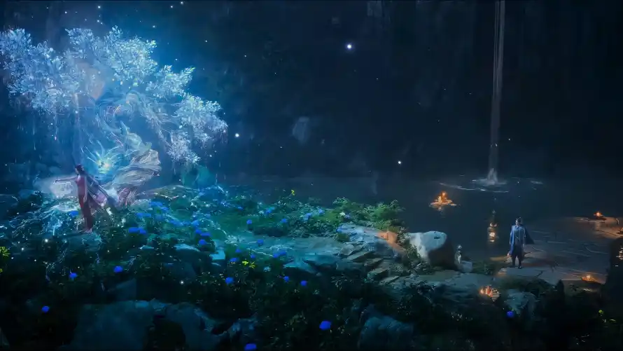 4k夜景壁纸-发光树 - 瀑布-修仙场景热门的壁纸「哲风壁纸」