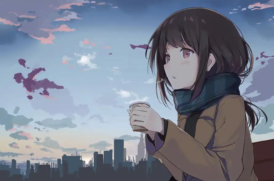4k咖啡壁纸-动漫女孩壁纸和女孩-黄昏天空热门的壁纸「哲风壁纸」