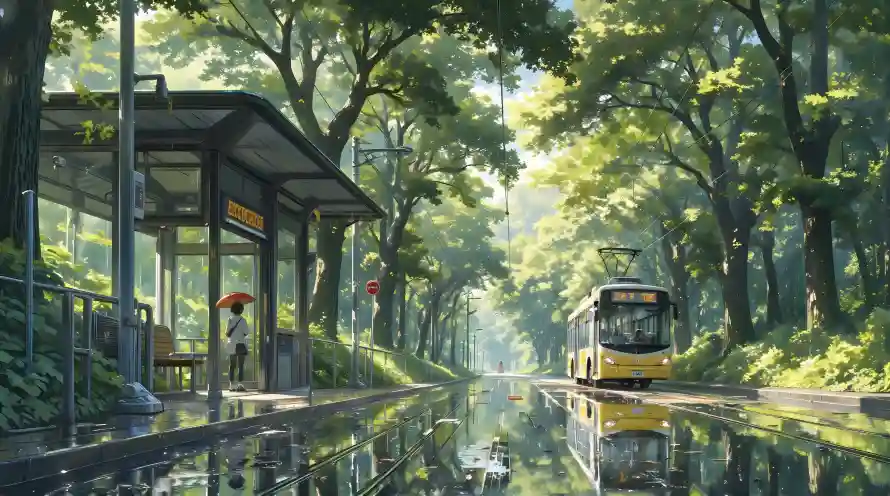 4k下雨壁纸-治愈系与公交-森林街道壁纸推荐「哲风壁纸」