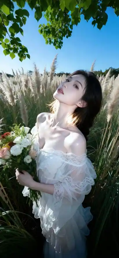 4k美女壁纸 - 花束 - 草丛 - 蓝天「哲风壁纸」
