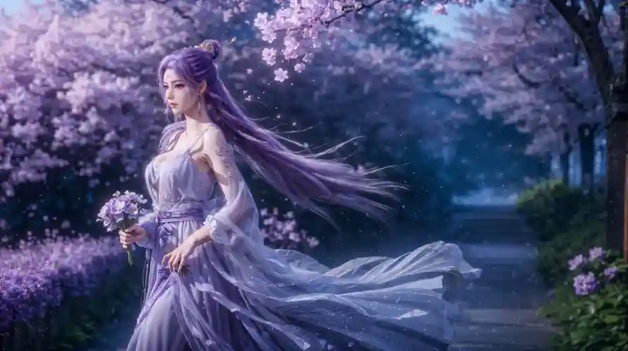 4k云霄壁纸-古风裙与花束-紫发女子免费下载「哲风壁纸」