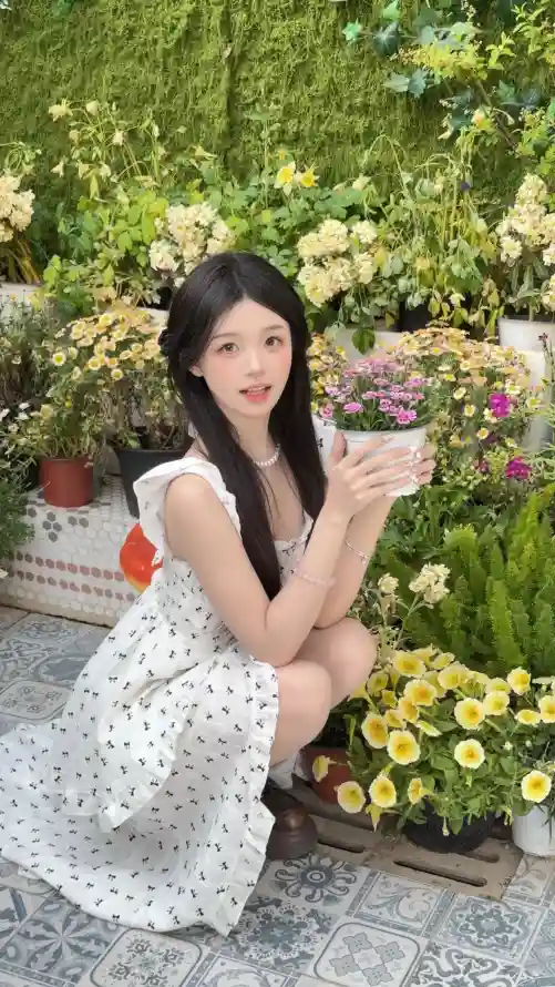 4k白裙壁纸 - 美女 - 花丛 - 蹲姿「哲风壁纸」