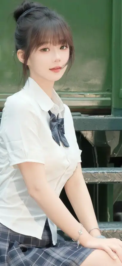 4k格子裙壁纸 - 白衬衫 - 绿背景 - 校服美女「哲风壁纸」