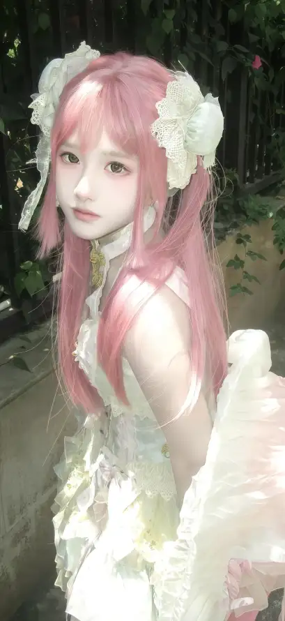 4k洛丽塔壁纸 - 森系背景 - 白色花饰 - 真人美女「哲风壁纸」