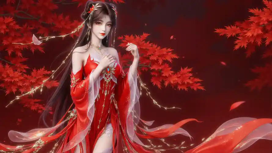 4k古风壁纸 - 红枫 - 红衣 - 火灵儿「哲风壁纸」