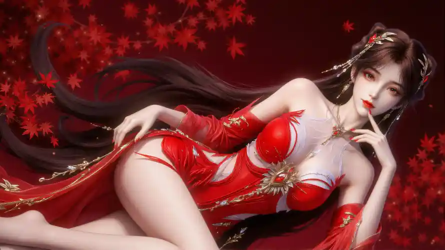 4k古风壁纸 - 枫叶 - 红衣 - 美女「哲风壁纸」