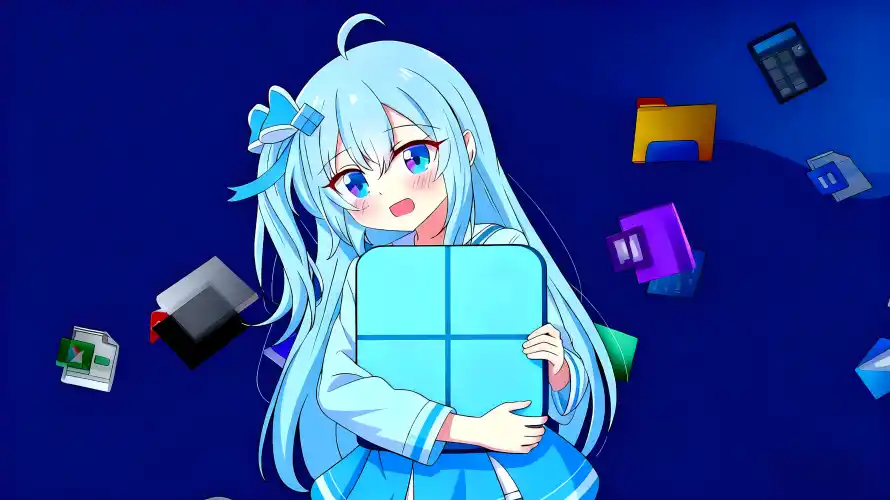 3k蓝发壁纸-二次元少女和蓝裙-win11娘「哲风壁纸」