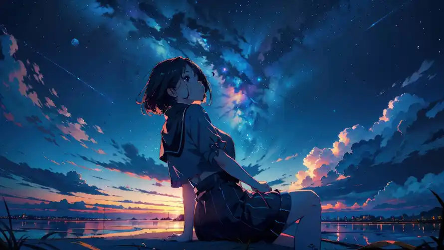 4kjk壁纸 - 夜空 - 星空 - 动漫女孩「哲风壁纸」