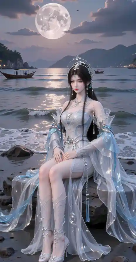 4k仙侠壁纸 - 古风 - 月亮 - 海面「哲风壁纸」