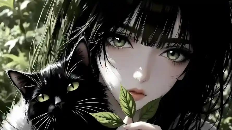 4k绿叶壁纸 - 绿植 - 黑发 - 黑猫「哲风壁纸」