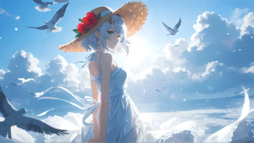 4k少女壁纸 - 海浪 - 白发 - 草帽「哲风壁纸」
