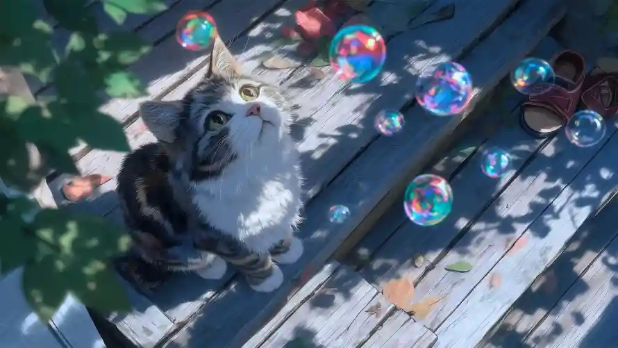 4k木板壁纸-小花猫和树荫-幻彩泡泡免费下载「哲风壁纸」