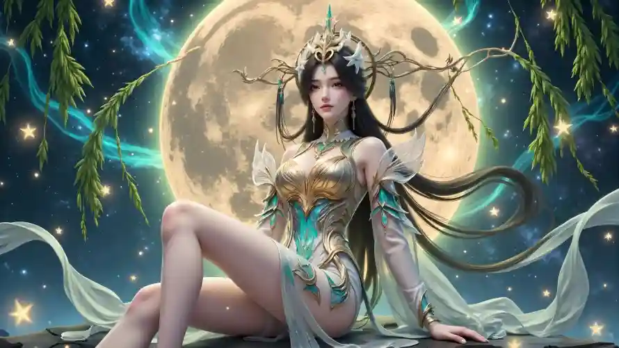 4k古风壁纸 - 女神 - 月亮 - 柳枝「哲风壁纸」
