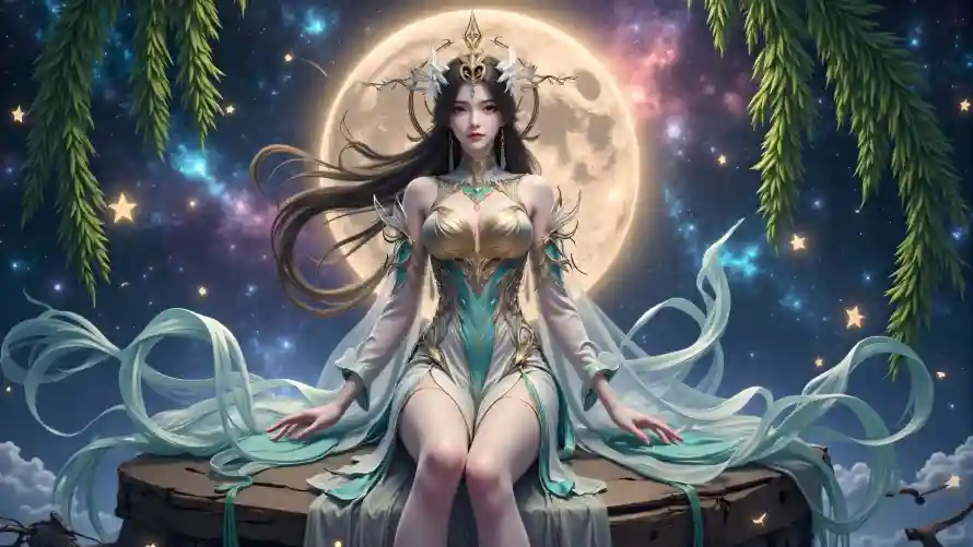 4k星空壁纸 - 月亮 - 柳枝 - 柳神「哲风壁纸」