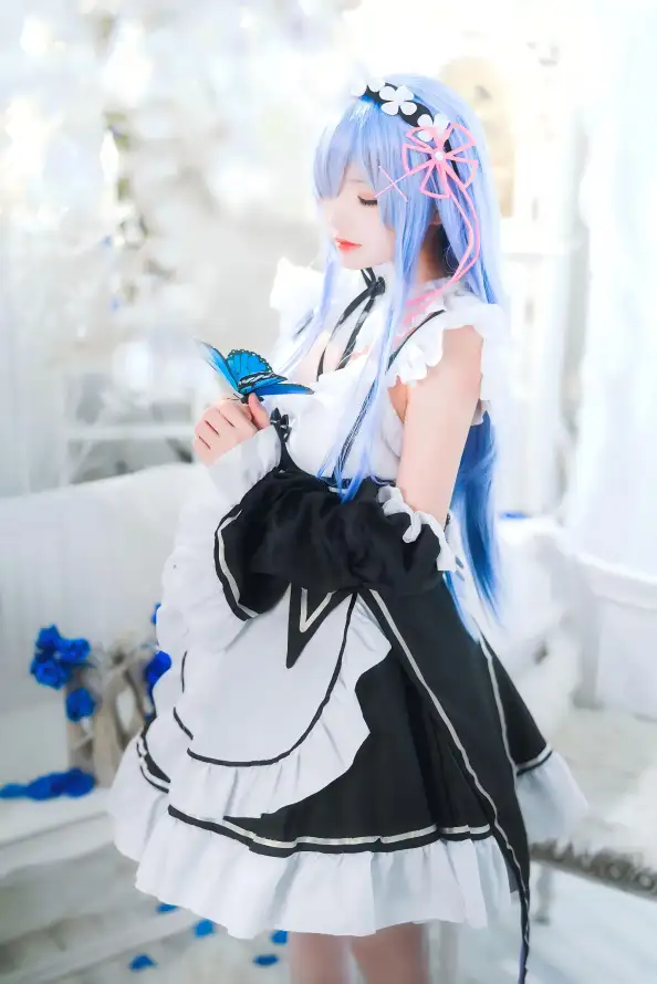 4k蓝发壁纸 - 蕾姆 - 蝴蝶 - cos「哲风壁纸」