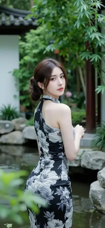 4k古风壁纸 - 中式园林 - 旗袍美女 - 黑花旗袍「哲风壁纸」