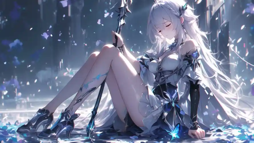 4k坐姿壁纸 - 少女 - 法杖 - 白发「哲风壁纸」