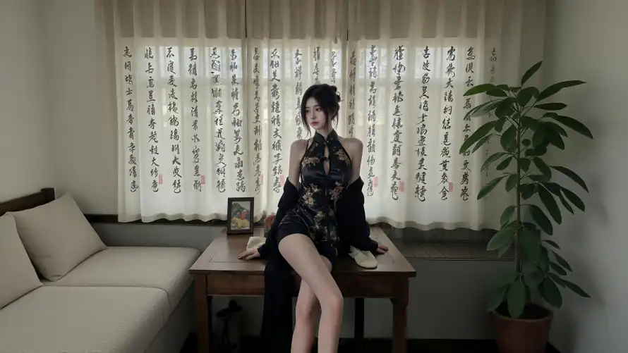 4k书法壁纸-中式风格 - 坐姿-旗袍美女壁纸分享「哲风壁纸」