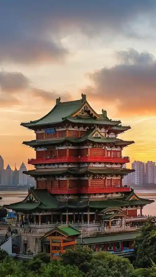 4k晚霞壁纸 - 江景 - 绿树 - 阁楼「哲风壁纸」
