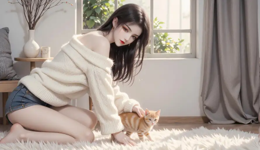 8k地毯壁纸-美杜莎和女生-抚摸猫咪壁纸分享「哲风壁纸」