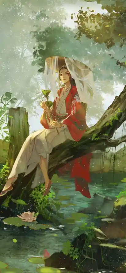 4k古风壁纸 - 坐姿 - 插画 - 树林「哲风壁纸」