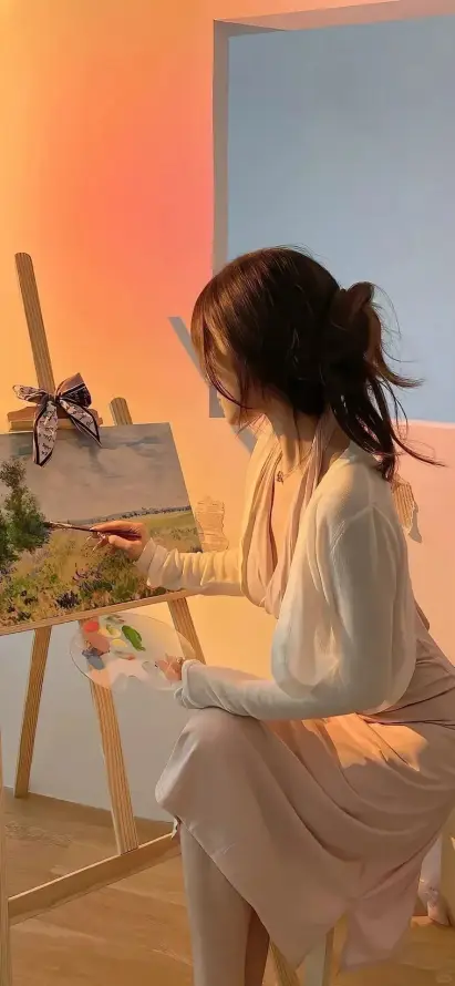 4k坐姿壁纸 - 画架 - 美女 - 马尾「哲风壁纸」
