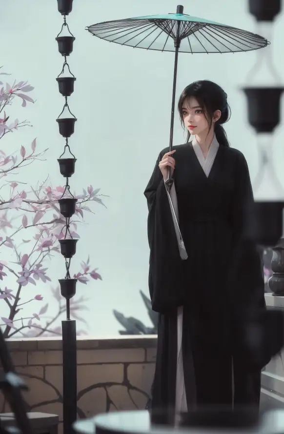 4k汉服壁纸 - 石墙 - 黑伞 - FSS「哲风壁纸」