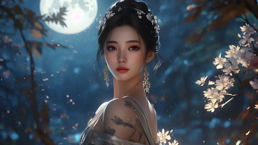 3k发饰壁纸-Ai绘画 - 月夜-古装美人壁纸分享「哲风壁纸」