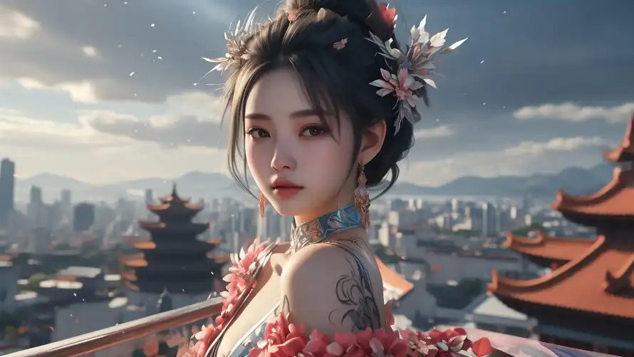 3k国风壁纸-中式楼阁壁纸和天空-古装美女热门的壁纸「哲风壁纸」
