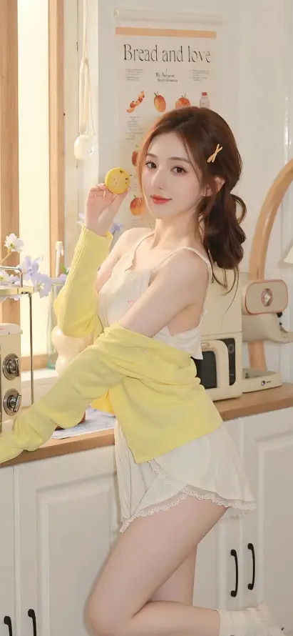 4k卷发壁纸 - 厨房 - 少女 - 居家「哲风壁纸」