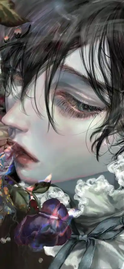 4k侧颜壁纸 - 红瞳 - 美男 - 花束「哲风壁纸」