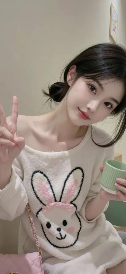 4k居家壁纸 - 比耶 - 水杯 - 淡妆「哲风壁纸」