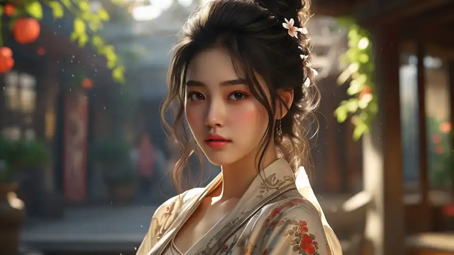 4k发髻壁纸 - 古街 - 暖光 - 汉服「哲风壁纸」