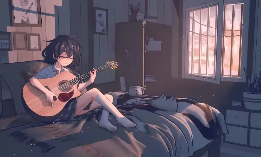 4k卧室壁纸 - 床 - 吉他 - 少女「哲风壁纸」