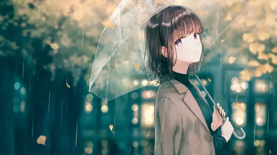 4k夜晚壁纸 - 雨 - 美女 - 落叶「哲风壁纸」