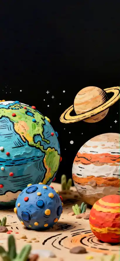 4k卡通壁纸 - 土星 - 地球 - 太空「哲风壁纸」