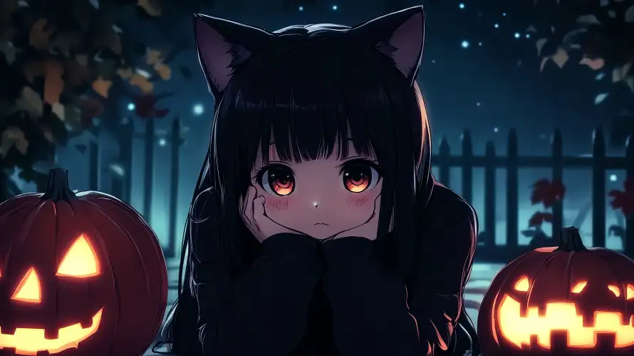 6k夜晚壁纸-万圣节和星空-猫耳少女壁纸分享「哲风壁纸」