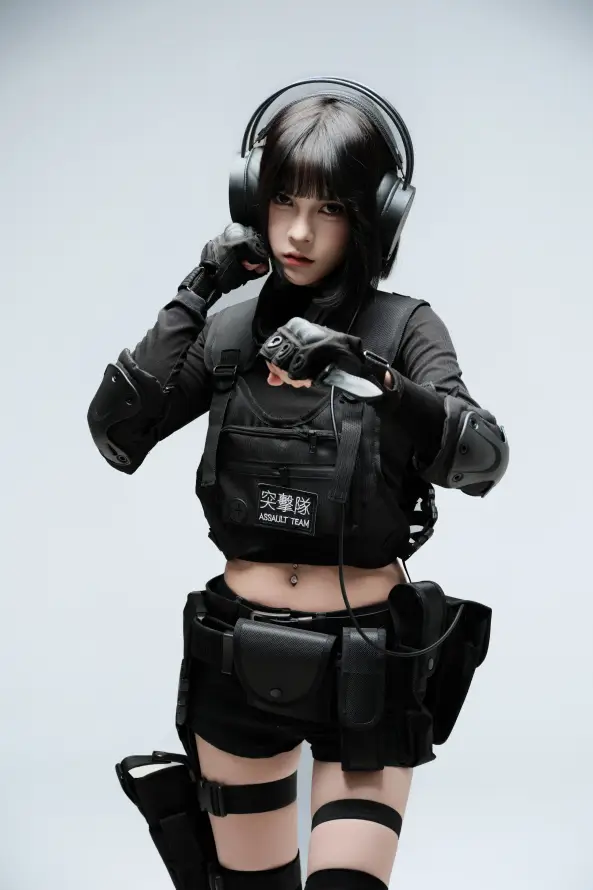 4k女警壁纸 - 短发 - 耳机 - 腰包「哲风壁纸」