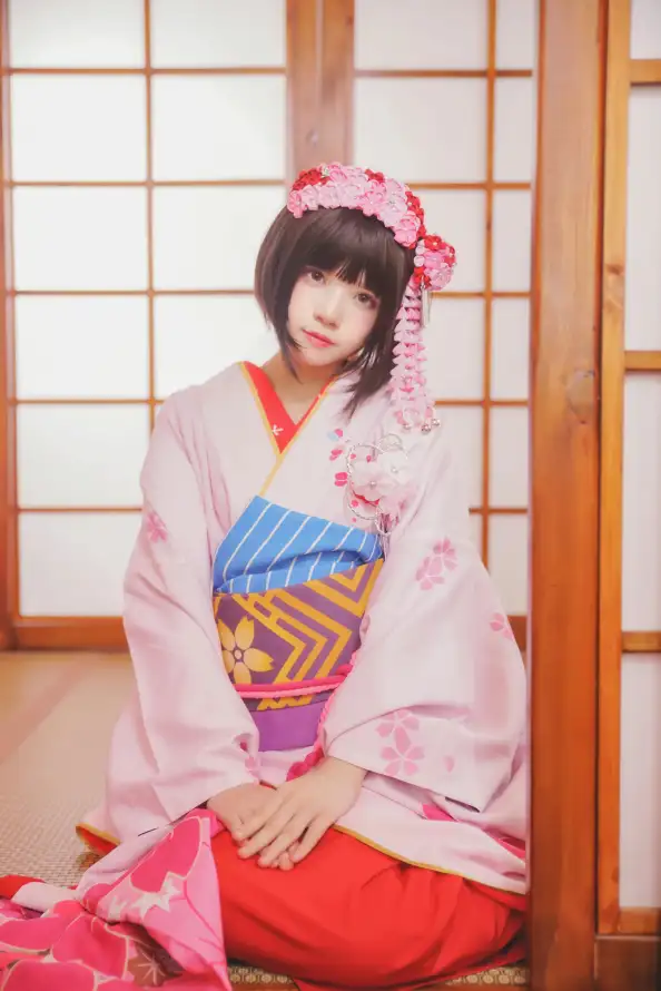 4k可爱壁纸 - 和服 - 短发 - 红裙「哲风壁纸」