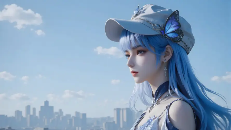 4k城市壁纸 - 少女 - 晴空 - 蓝发「哲风壁纸」